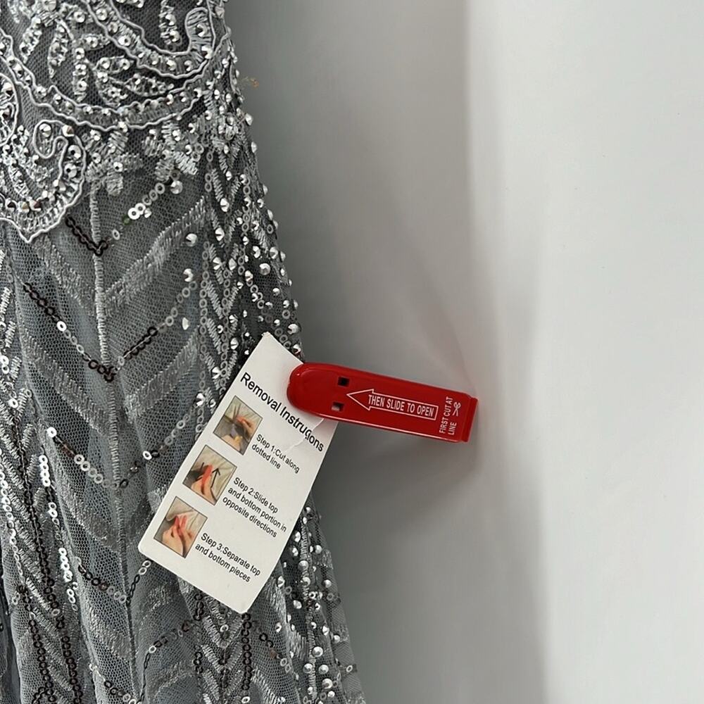 Mac Duggal 20189 Silver Embellished Illusion Long Sleeve Wrap Over A Line Gown - Picture 6 of 14